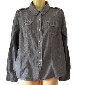 Navy Blue & White Gingham Check Blouse Woman Size Medium Preppy Button Up
